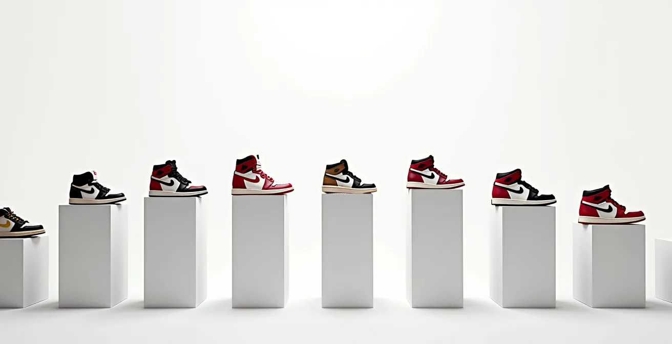 Vue panoramique montrant l'évolution des coloris et collaborations de la Air Jordan 1