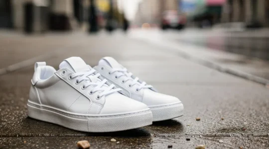 Une paire de baskets blanches impeccables sur un trottoir de ville, avec un espace vide sur le côté pour intégrer un titre d’article.