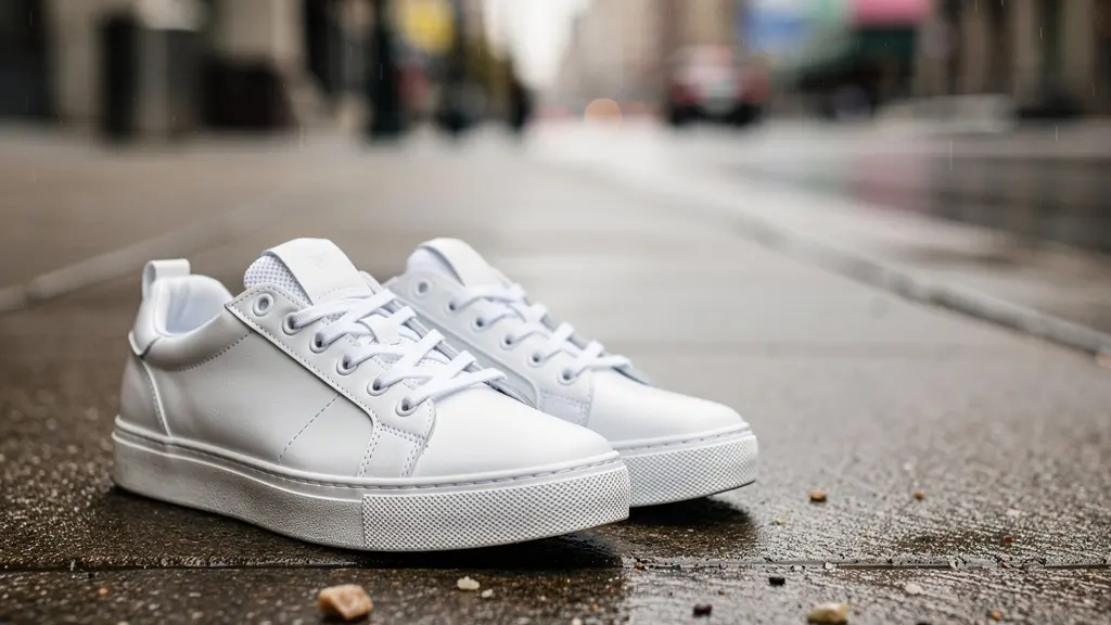 Une paire de baskets blanches impeccables sur un trottoir de ville, avec un espace vide sur le côté pour intégrer un titre d’article.