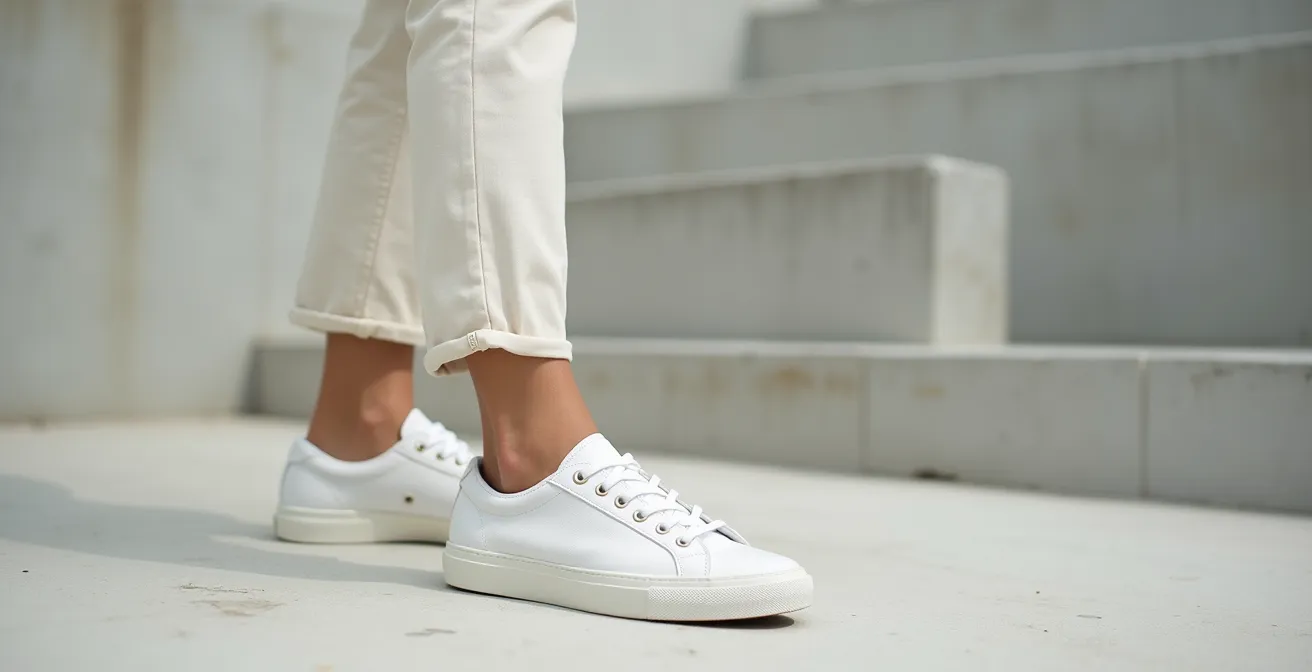 Homme portant des baskets blanches avec un pantalon en lin dans un environnement urbain minimaliste