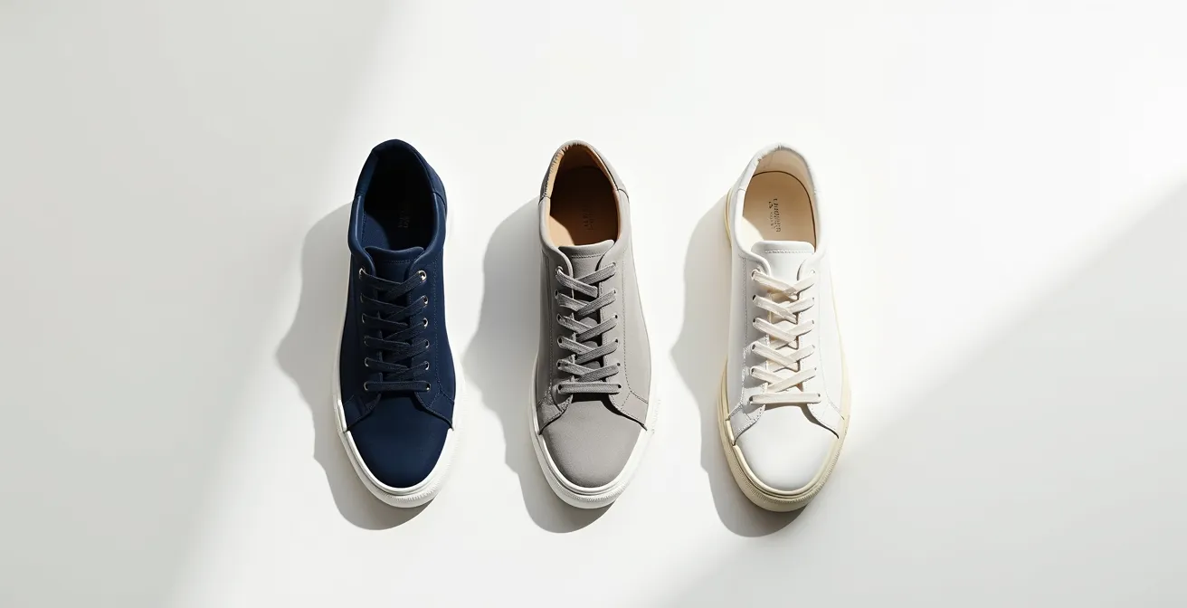 Comparaison de baskets grises et bleu marine avec différents pantalons