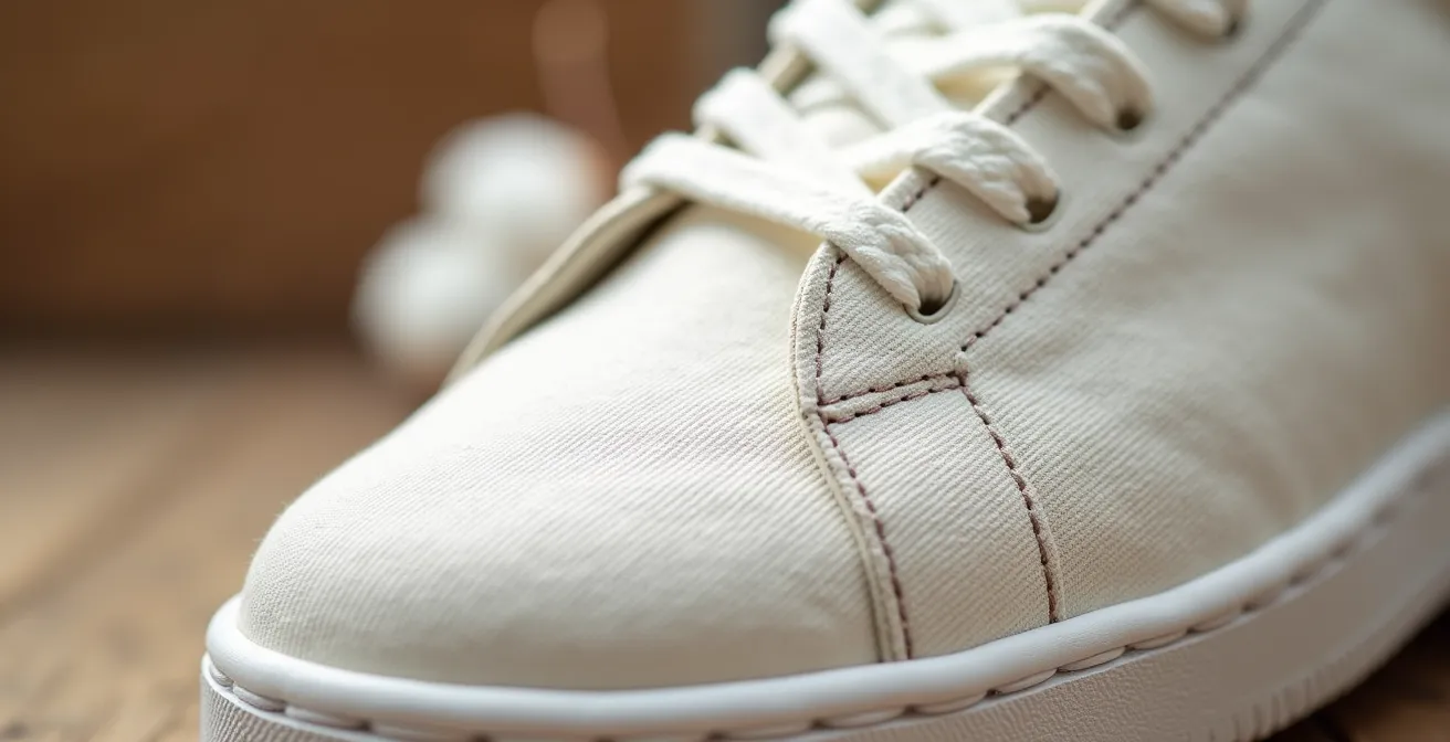 Détail en gros plan sur la texture d'une toile de coton bio avec coutures visibles