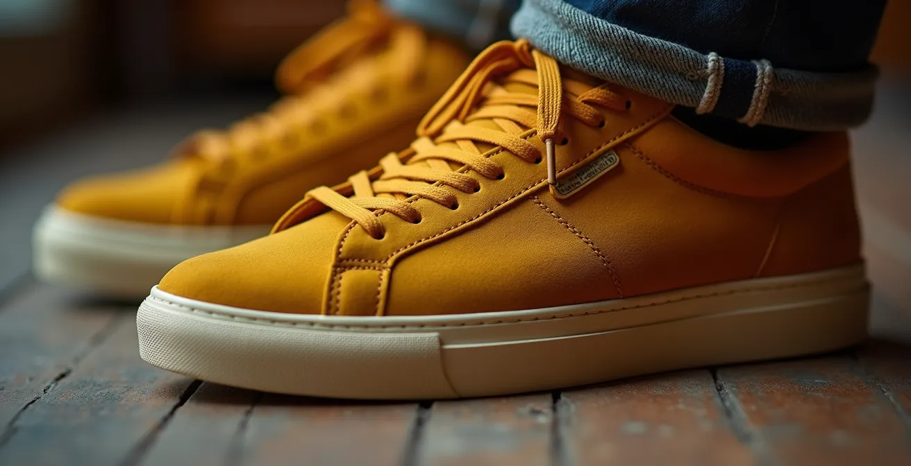 Baskets jaune moutarde en daim portées en hiver avec des matières chaudes