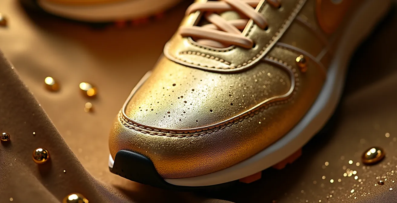 Gros plan artistique sur des baskets dorées métallisées avec effets de lumière