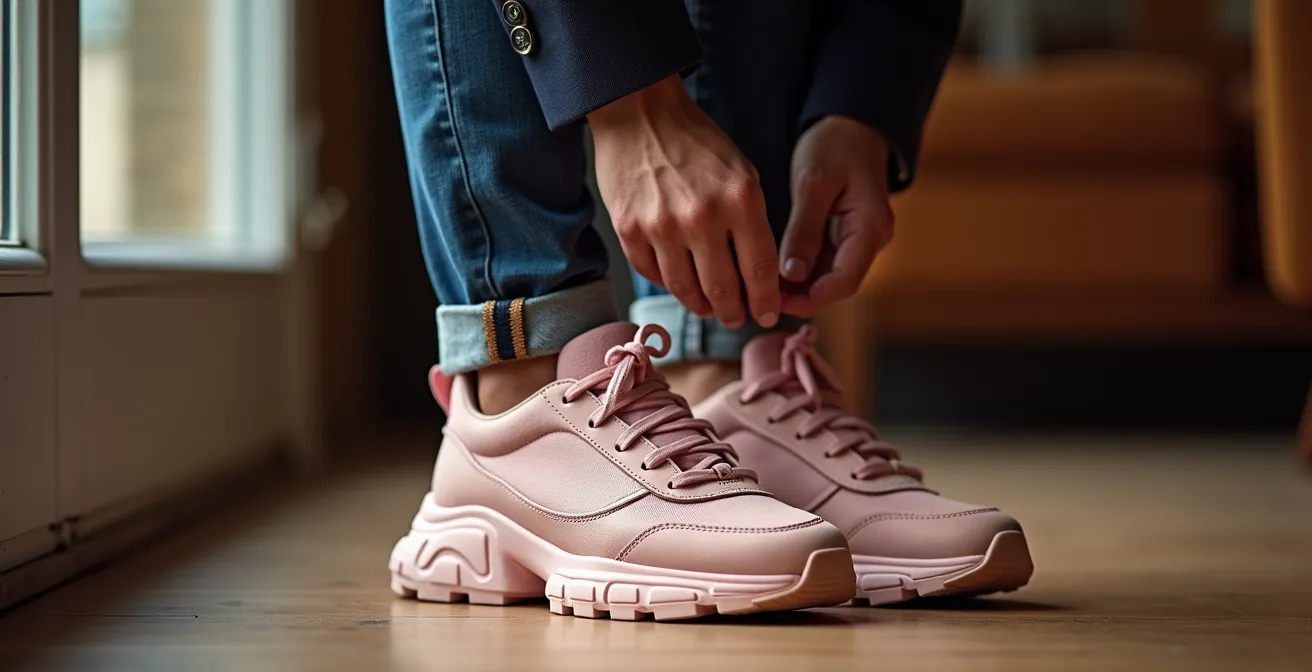 Baskets pastel portées avec des matières brutes dans un style sophistiqué