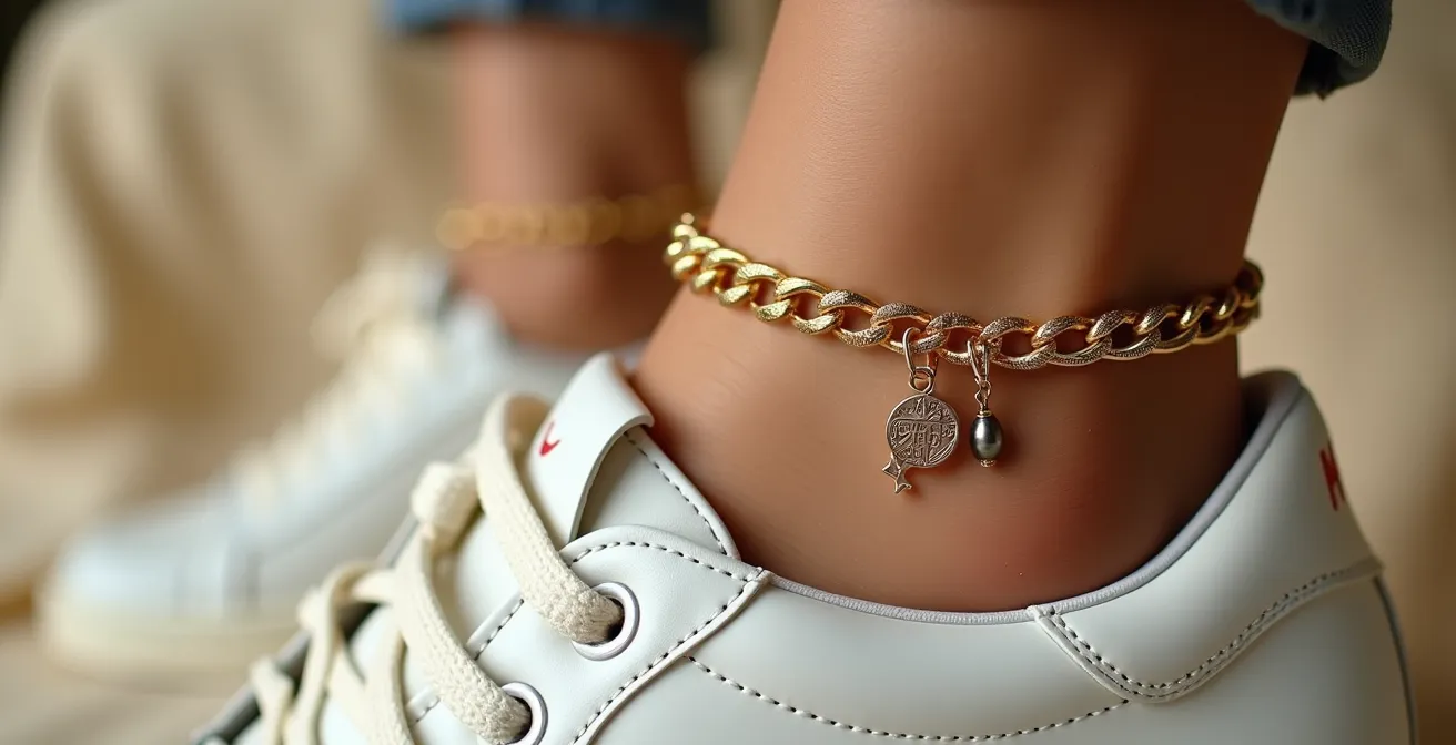 Gros plan sur une cheville avec chaîne dorée et deubré sur sneaker blanche