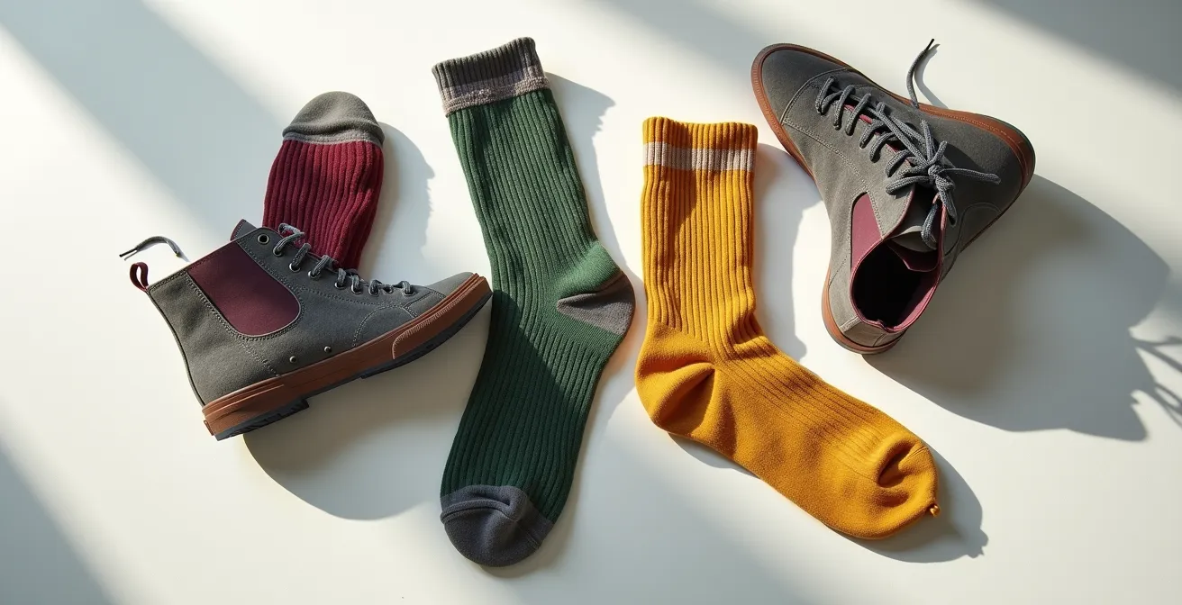 Composition artistique de chaussettes colorées avec baskets grises sur fond minimaliste