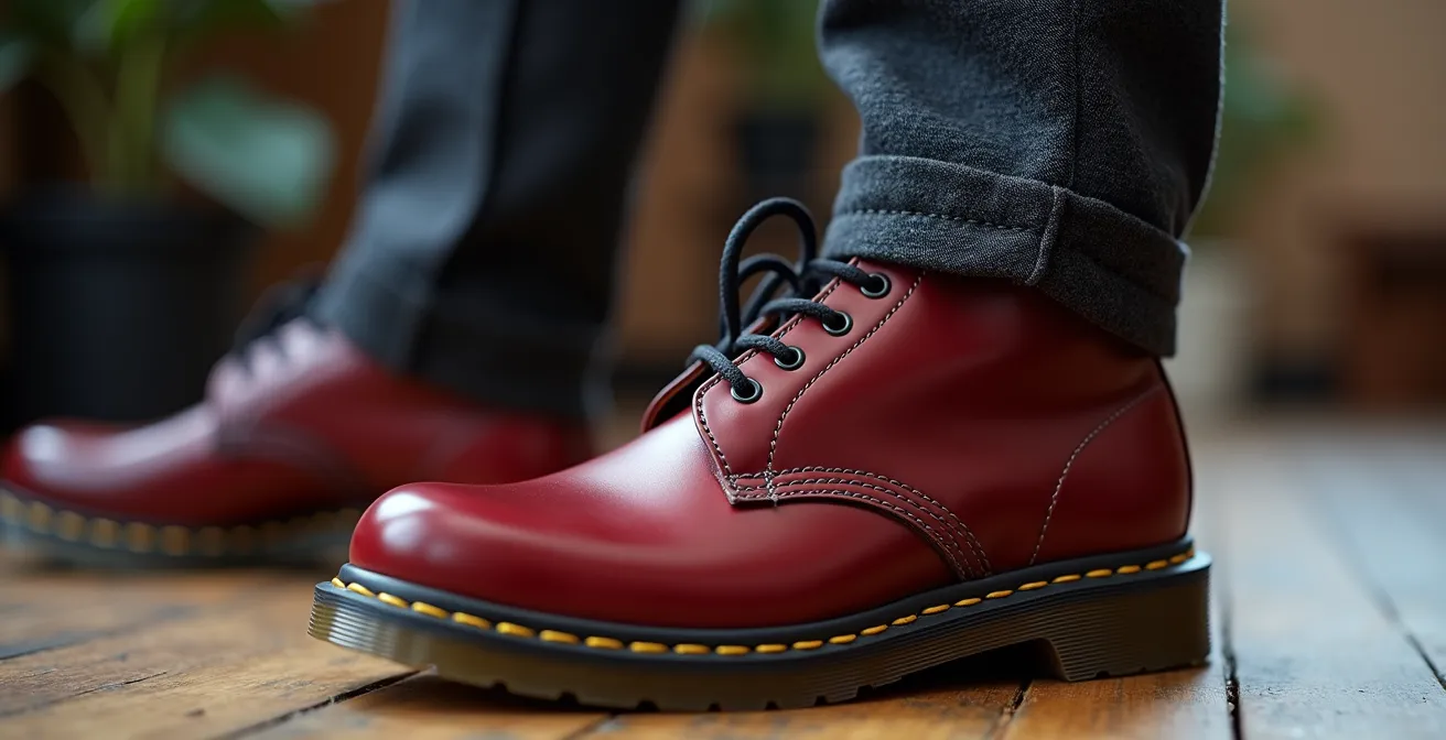 Gros plan sur des Doc Martens associées à un pantalon de tailleur impeccable dans un environnement professionnel