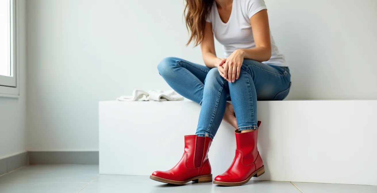 Composition minimaliste avec chaussures rouges éclatantes, jean et t-shirt blanc