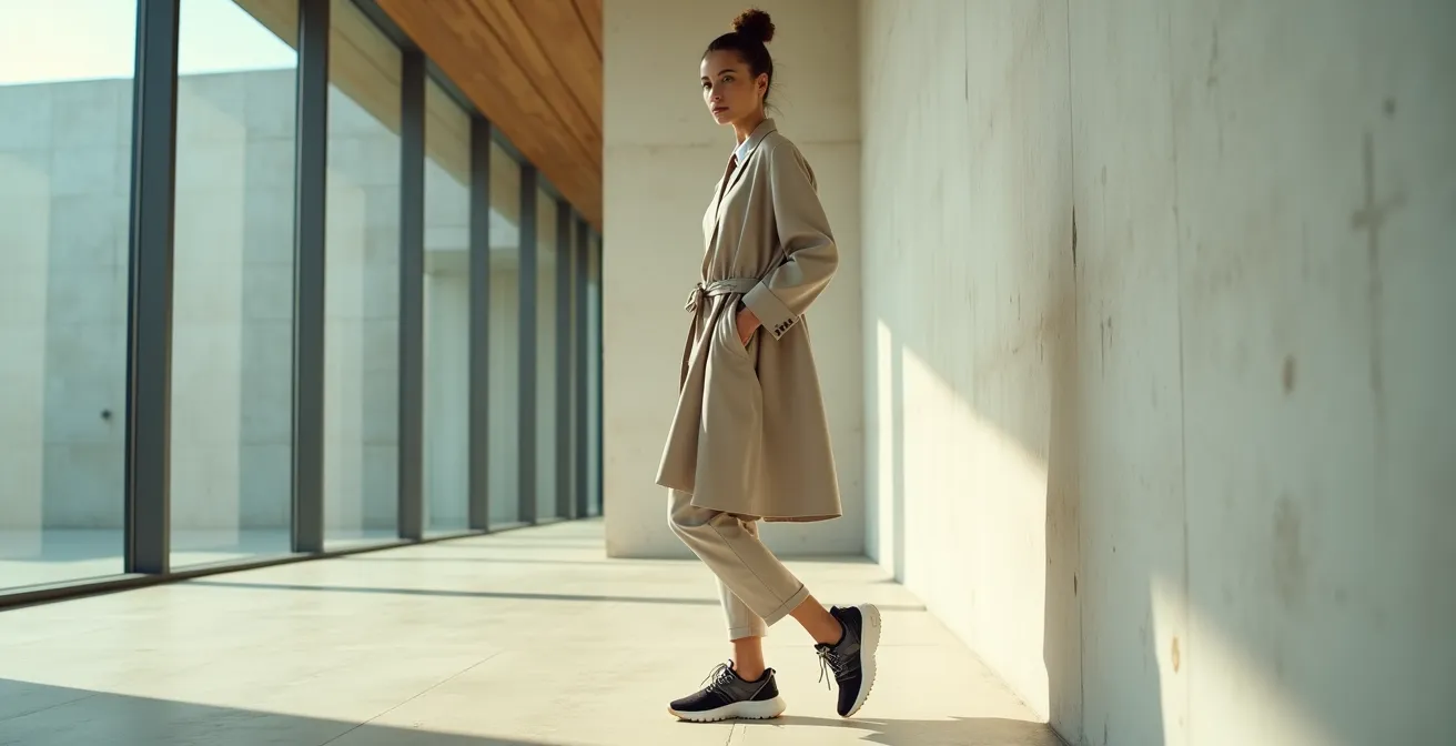 Femme avec chignon tiré impeccable portant des baskets élégantes dans un cadre urbain minimaliste