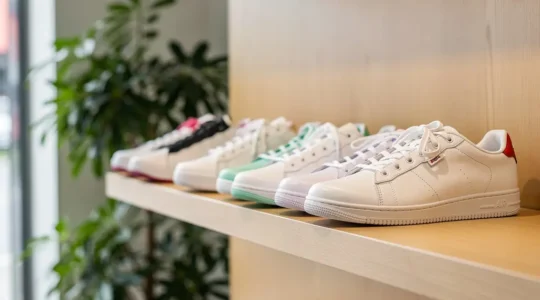 Paires de sneakers blanches et colorées alignées sur étagère murale, entretien baskets aspect neuf