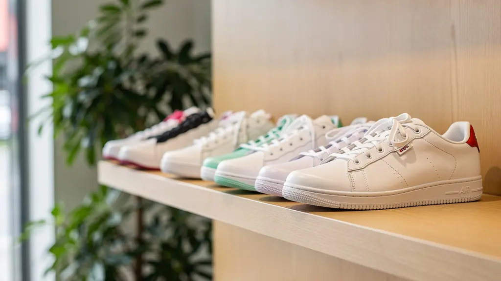 Paires de sneakers blanches et colorées alignées sur étagère murale, entretien baskets aspect neuf