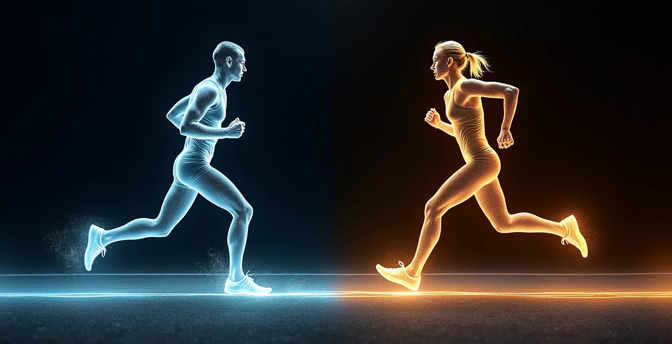 Vue latérale comparative de deux types de foulée montrant l'angle d'impact différent