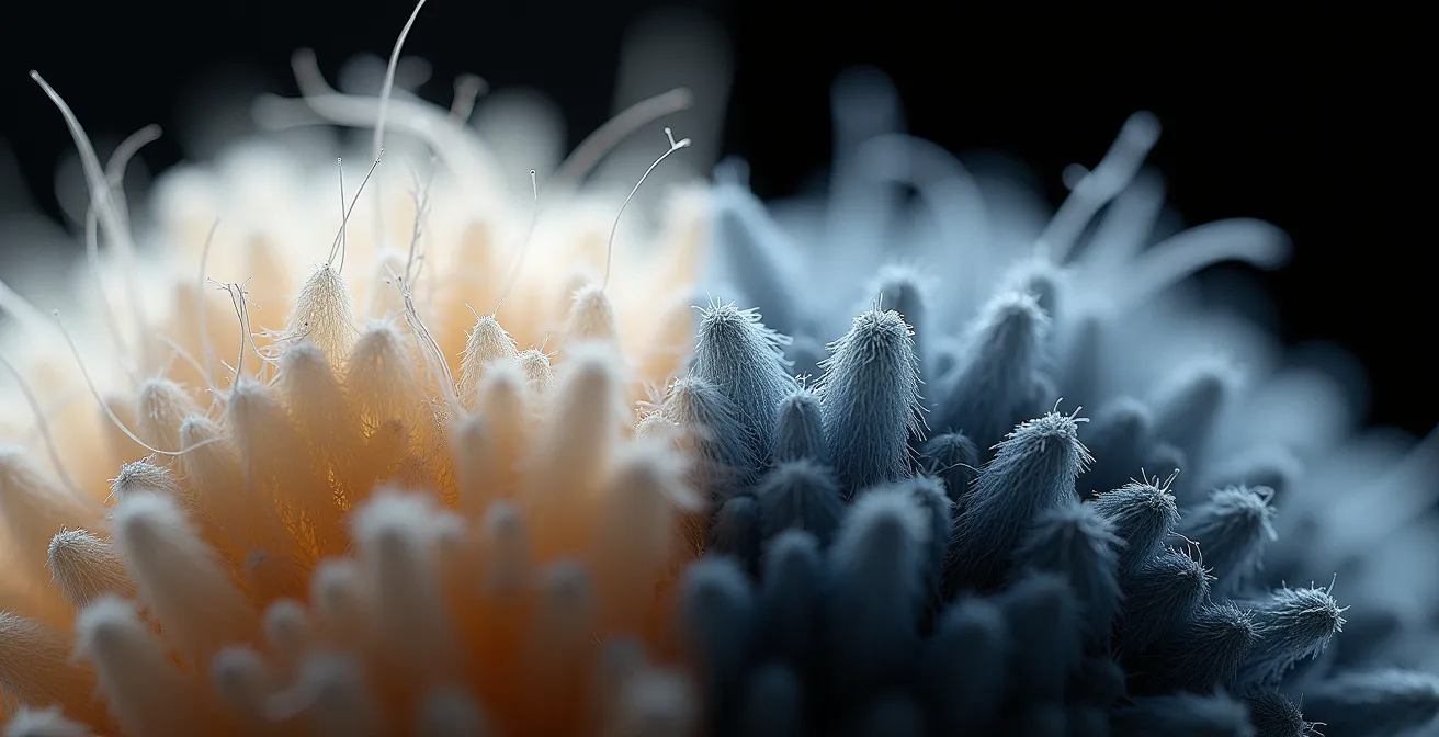 Vue microscopique comparative des fibres de laine mérinos et polyester montrant leurs structures différentes