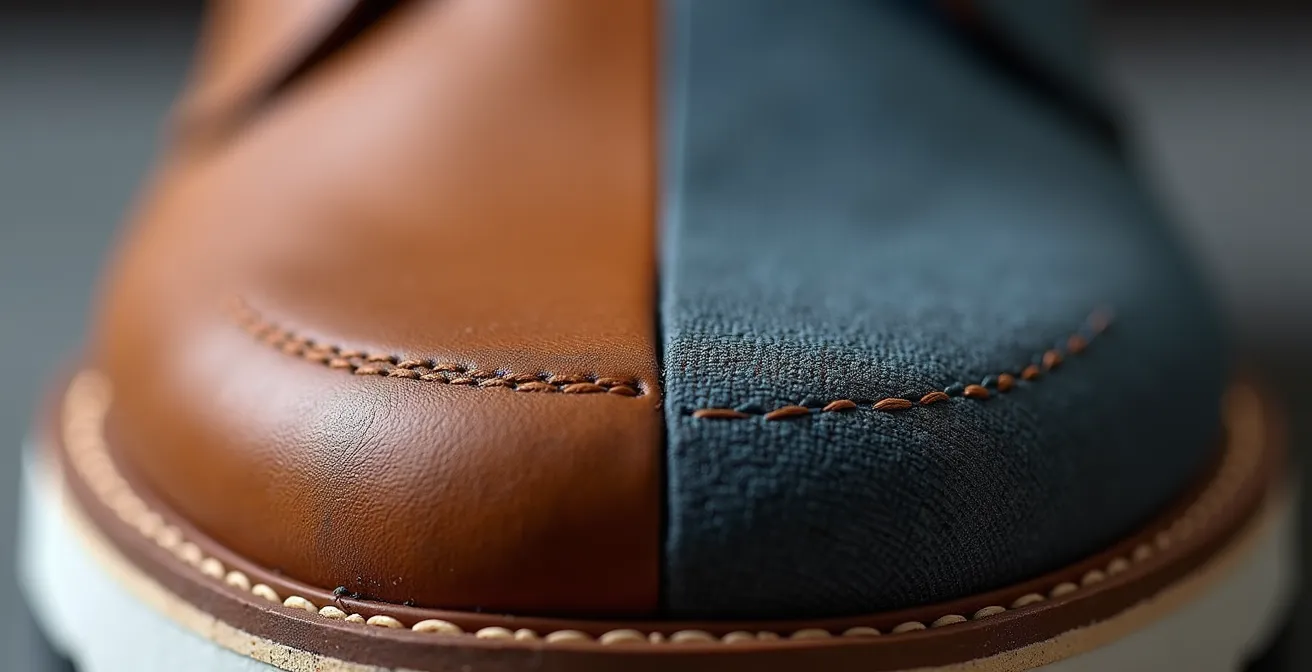 Comparaison macro des détails et finitions entre différentes qualités de sneakers