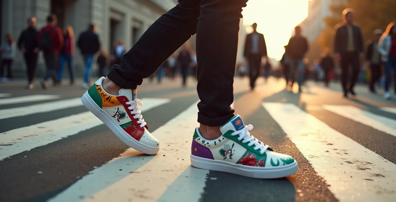 Personne marchant avec assurance dans la rue avec des chaussures artistiquement customisées