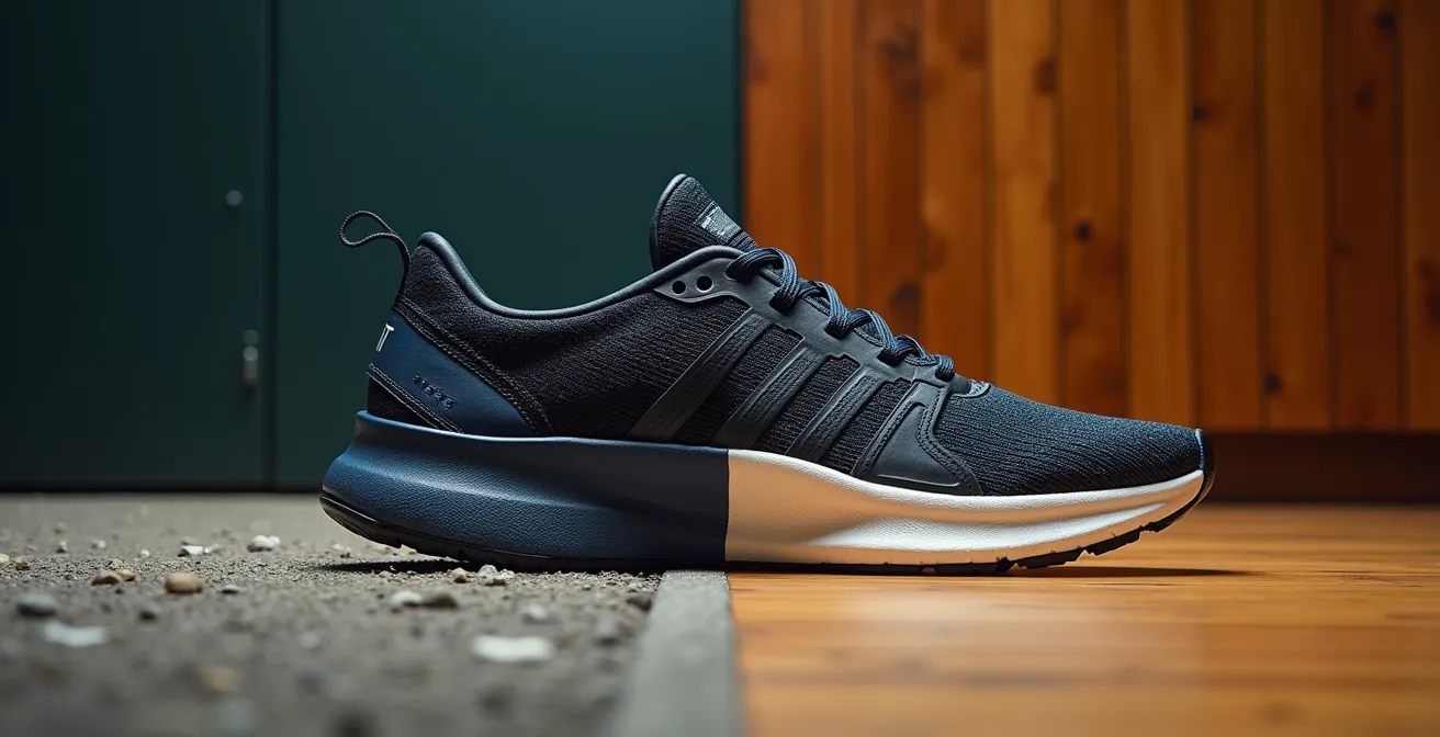 Composition artistique montrant le contraste entre chaussures de sport techniques et sneakers lifestyle