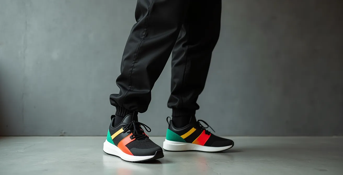 Silhouette minimaliste en tenue monochrome avec sneakers multicolores comme point focal