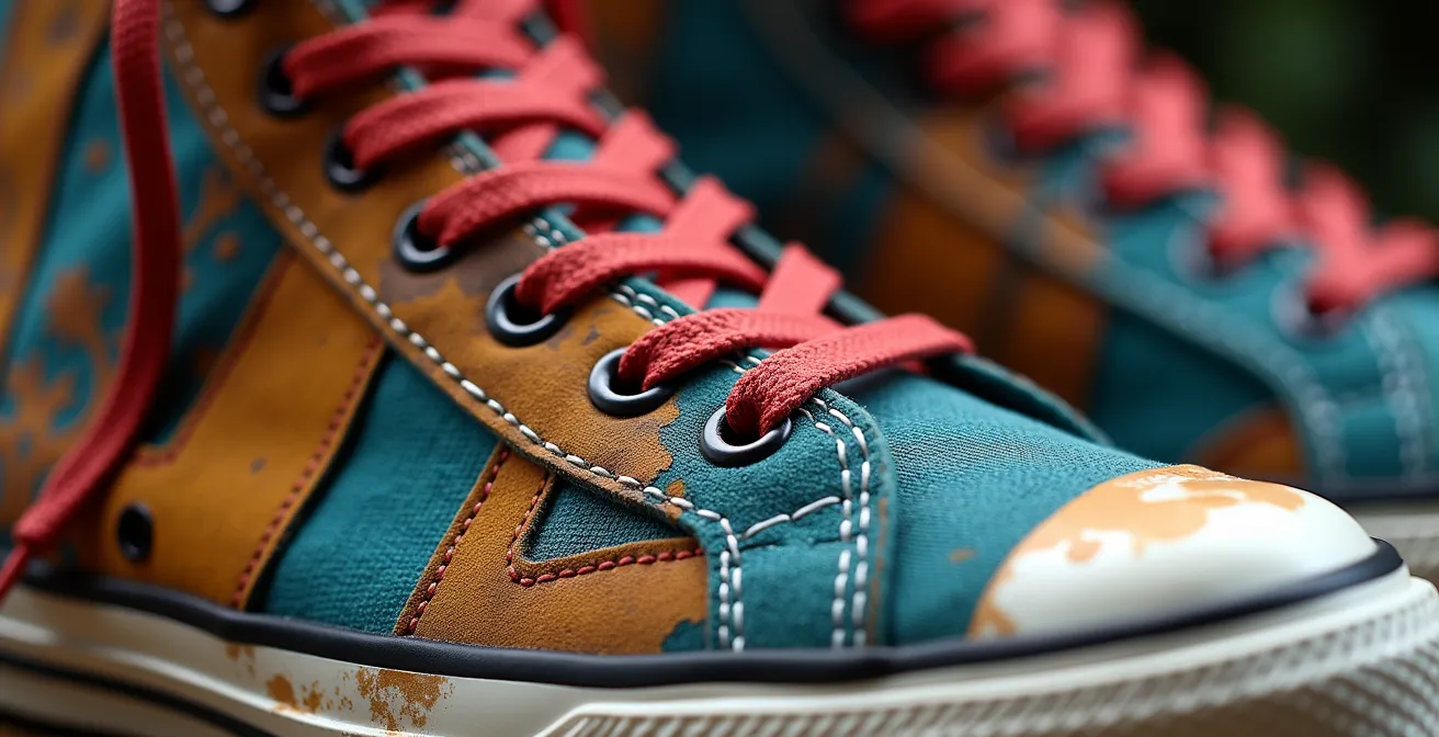 Détails macro de customisation artisanale sur sneakers montantes vintage