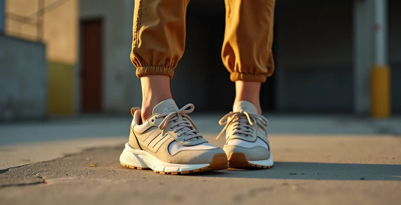 Portrait rapproché de sneakers techniques vintage portées avec confiance