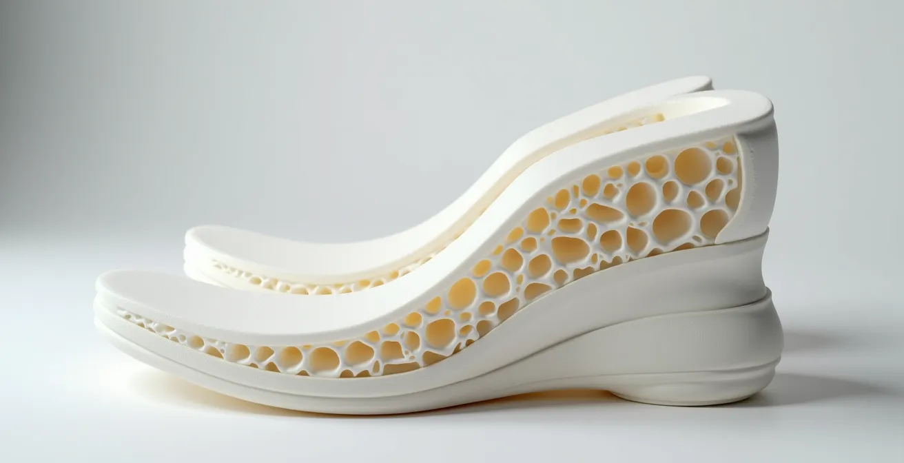 Vue macro d'une semelle en mousse EVA montrant la texture légère et aérée