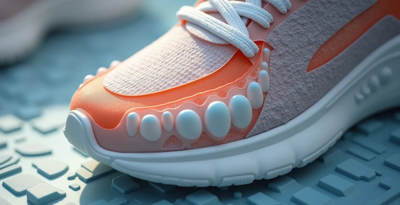 Vue macro détaillée de la structure interne d'une semelle Air Max montrant les points de friction