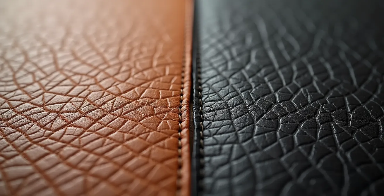 Comparaison macro entre cuir naturel et cuir synthétique montrant les différences de texture