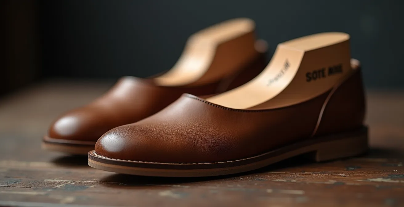 Embauchoirs en cèdre brut insérés dans des sneakers en cuir pour maintenir leur forme