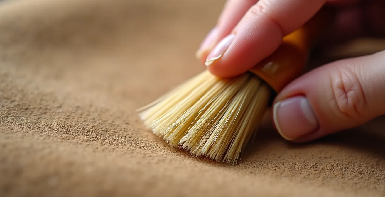 Gros plan sur texture de daim beige avec brosse douce en action