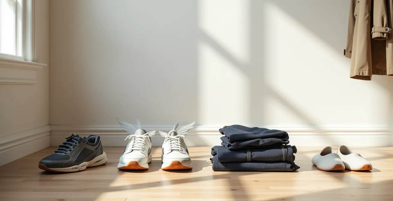 Composition minimaliste montrant des sneakers extravagantes équilibrées avec des classiques du vestiaire français