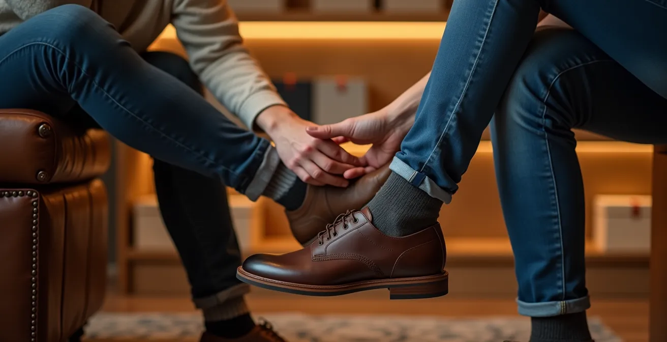 Vendeur expert mesurant un pied en boutique spécialisée