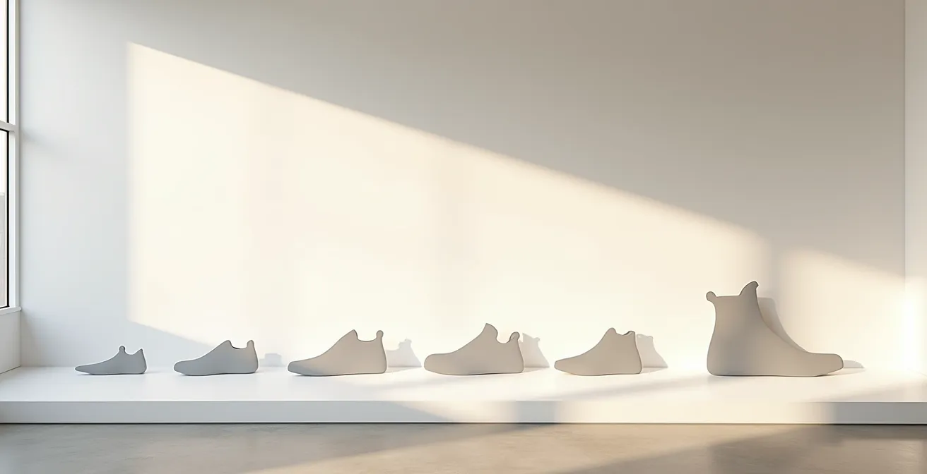 Paysage minimaliste montrant l'évolution des formes de chaussures alignées chronologiquement