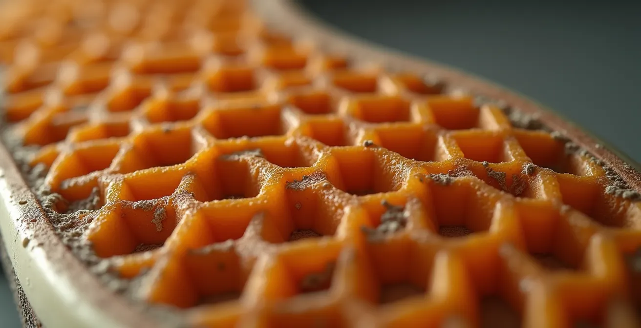 Détail macro d'une semelle waffle Vans montrant la texture et l'innovation technique