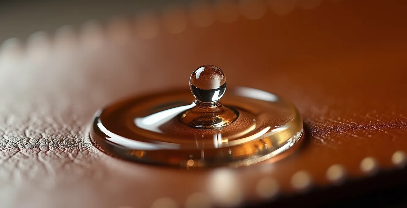 Gros plan sur une goutte d'eau absorbée lentement par du cuir naturel