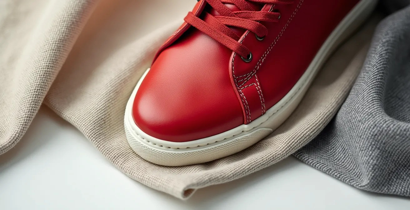 Composition macro détaillée d'une chaussure rouge avec textures de vêtements coordonnés