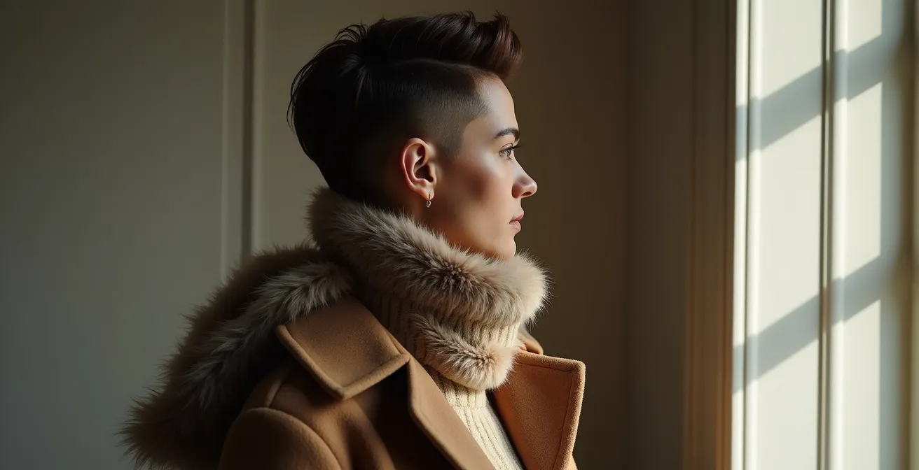 Silhouette complète montrant l'équilibre entre une coupe de cheveux courte et des accessoires volumineux d'hiver