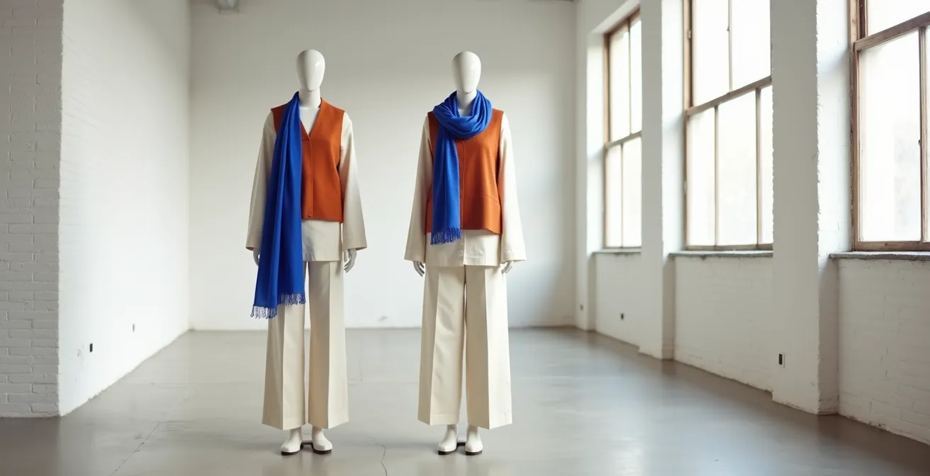 Démonstration visuelle de la règle des proportions de couleurs 60-30-10 en style vestimentaire