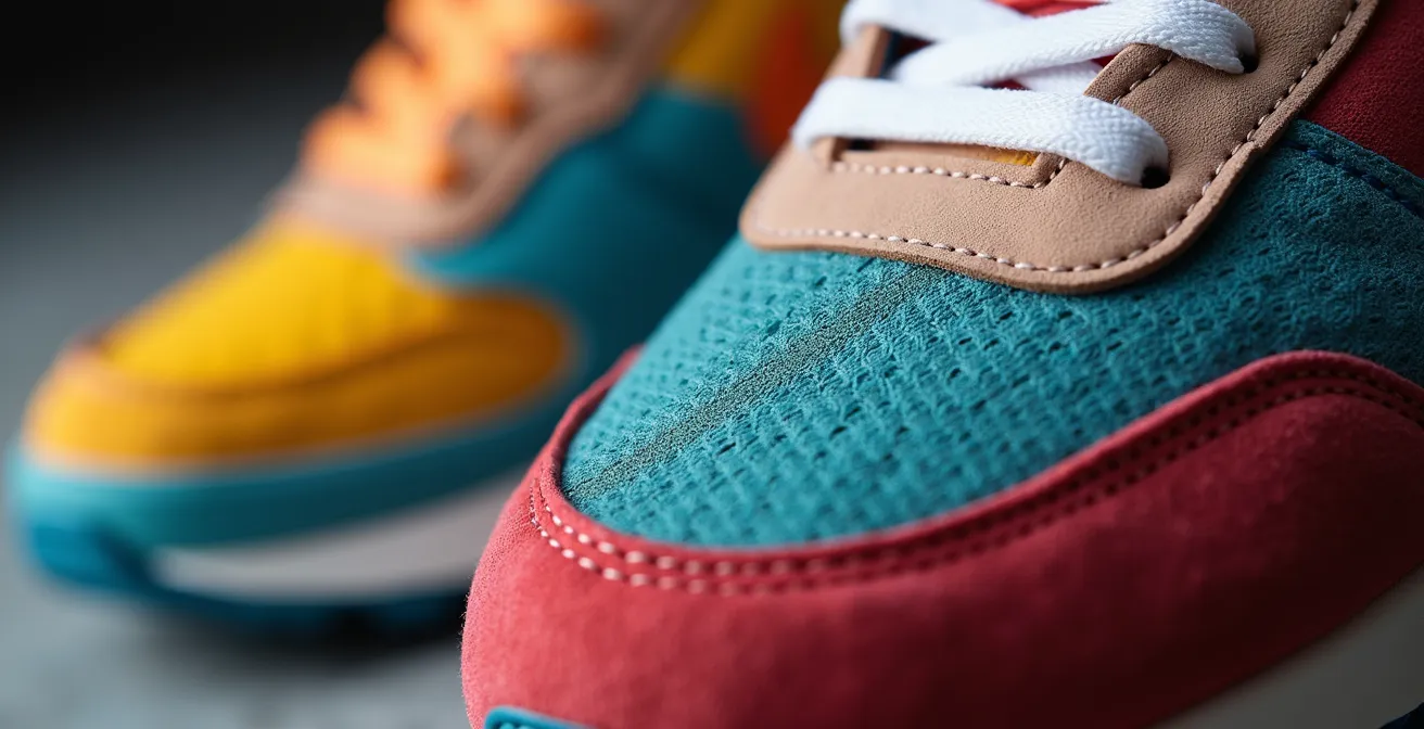 Vue macro détaillée des différentes zones colorées d'une sneaker multicolore