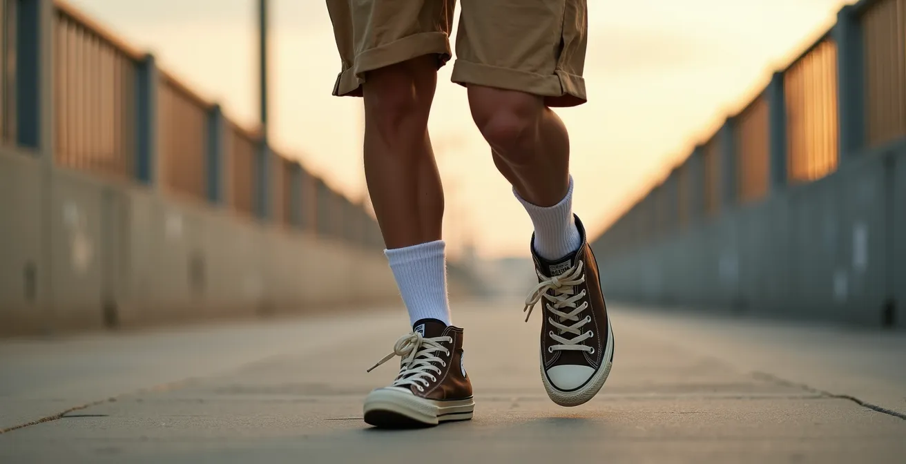 Personne portant des sneakers montantes avec un short, montrant l'équilibre parfait des proportions