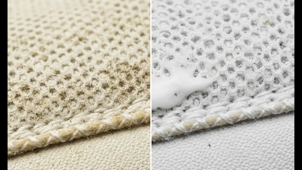 Gros plan macro d’une toile ou maille blanche jaunie avec des particules fines incrustées dans les fibres, à côté d’une petite zone nettoyée.