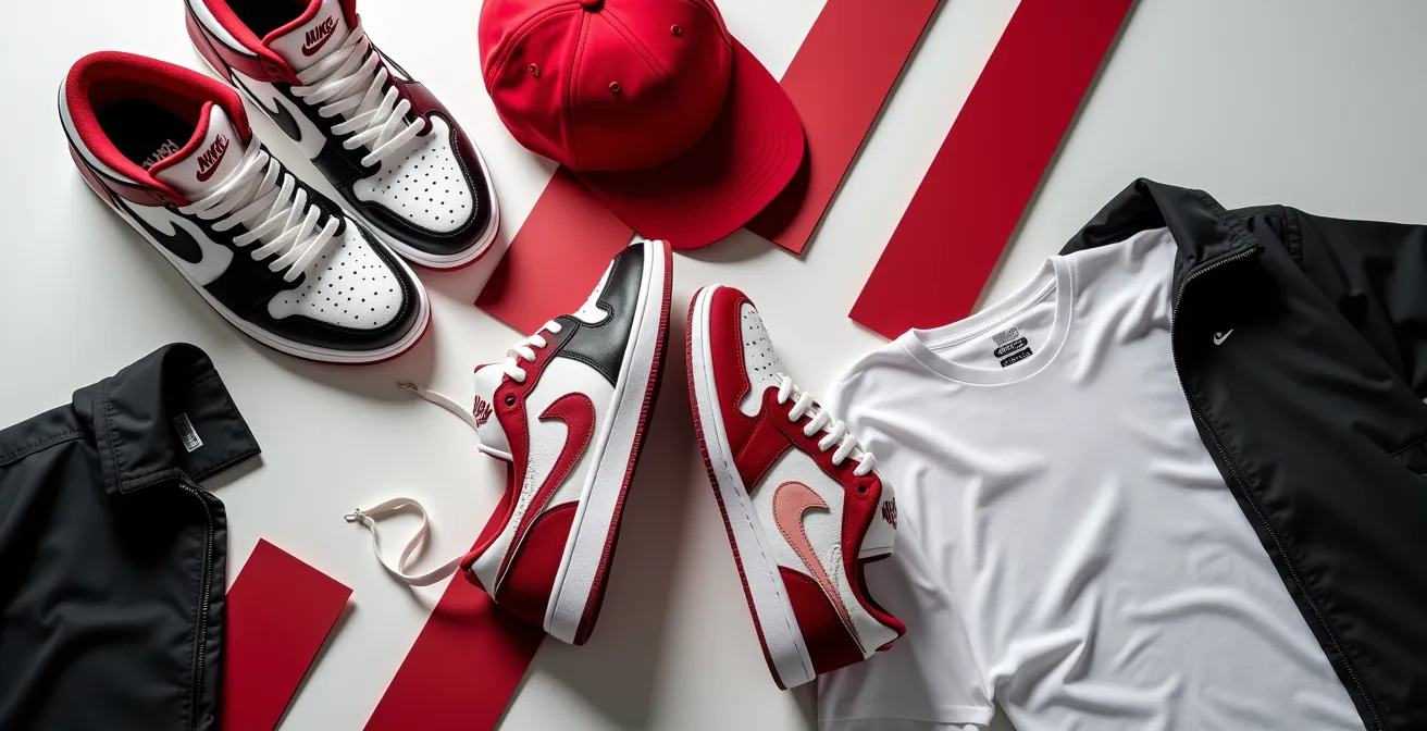 Composition artistique montrant le principe de color-blocking vertical avec des Air Jordan 1 pour allonger la silhouette.