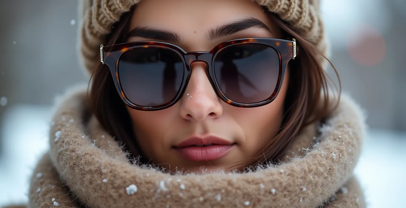 Gros plan sur une personne portant des lunettes de soleil avec bonnet et écharpe en hiver