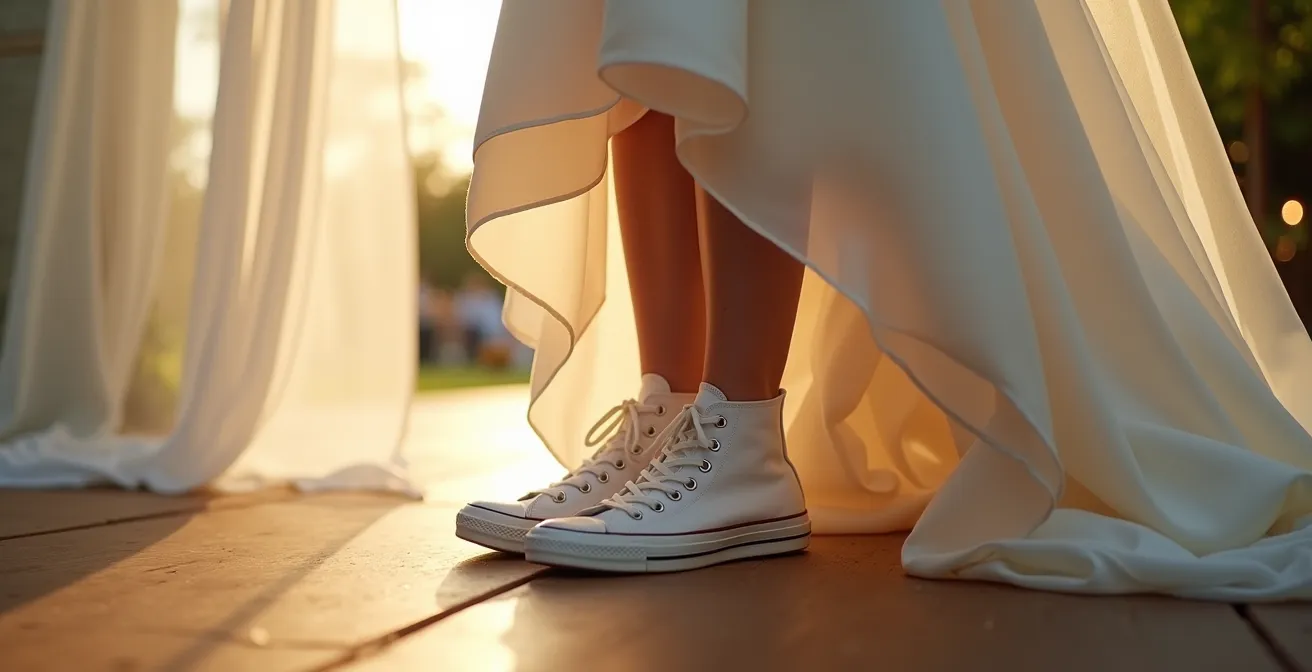 Une mariée en robe blanche moderne dont les pieds sont chaussés de Converse montantes blanches.