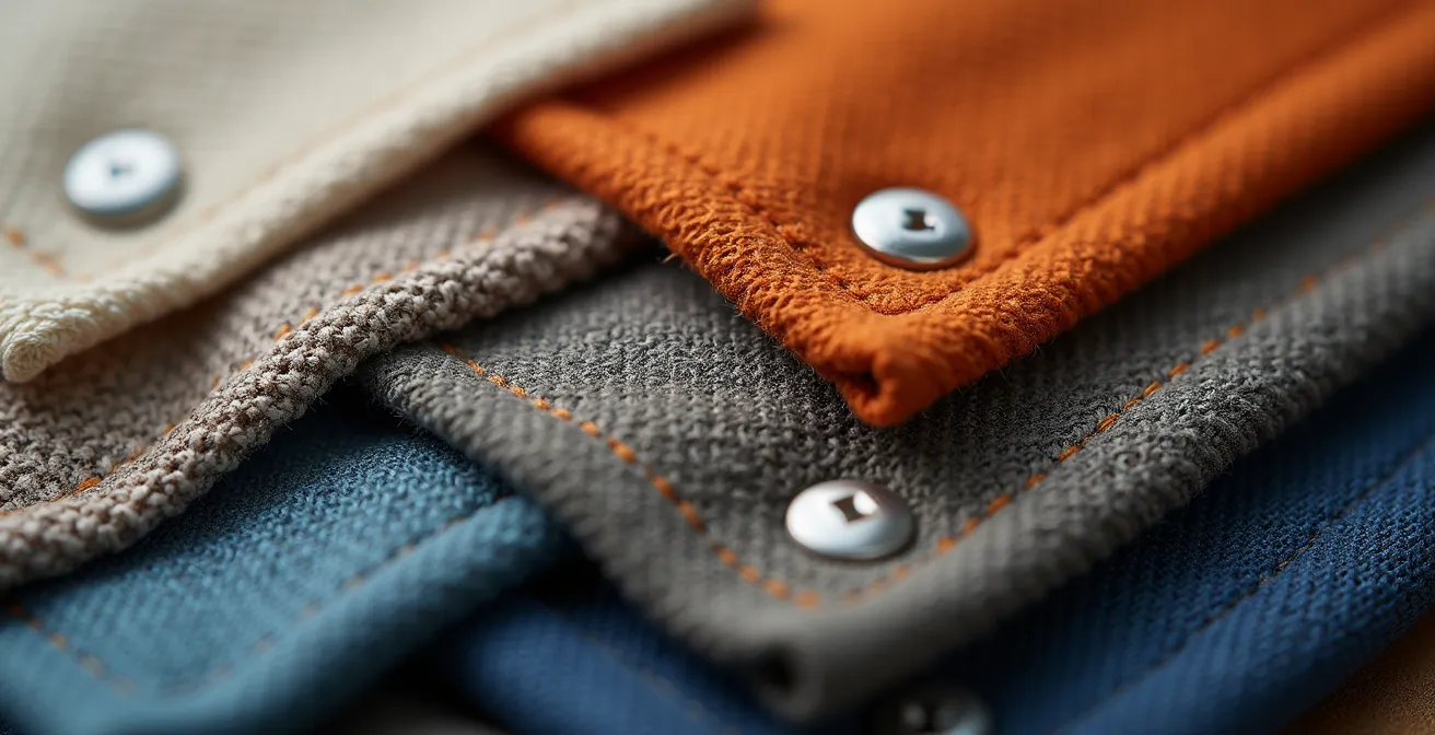 Gros plan macro sur différentes textures de tissus emblématiques du streetwear, montrant la qualité des matériaux