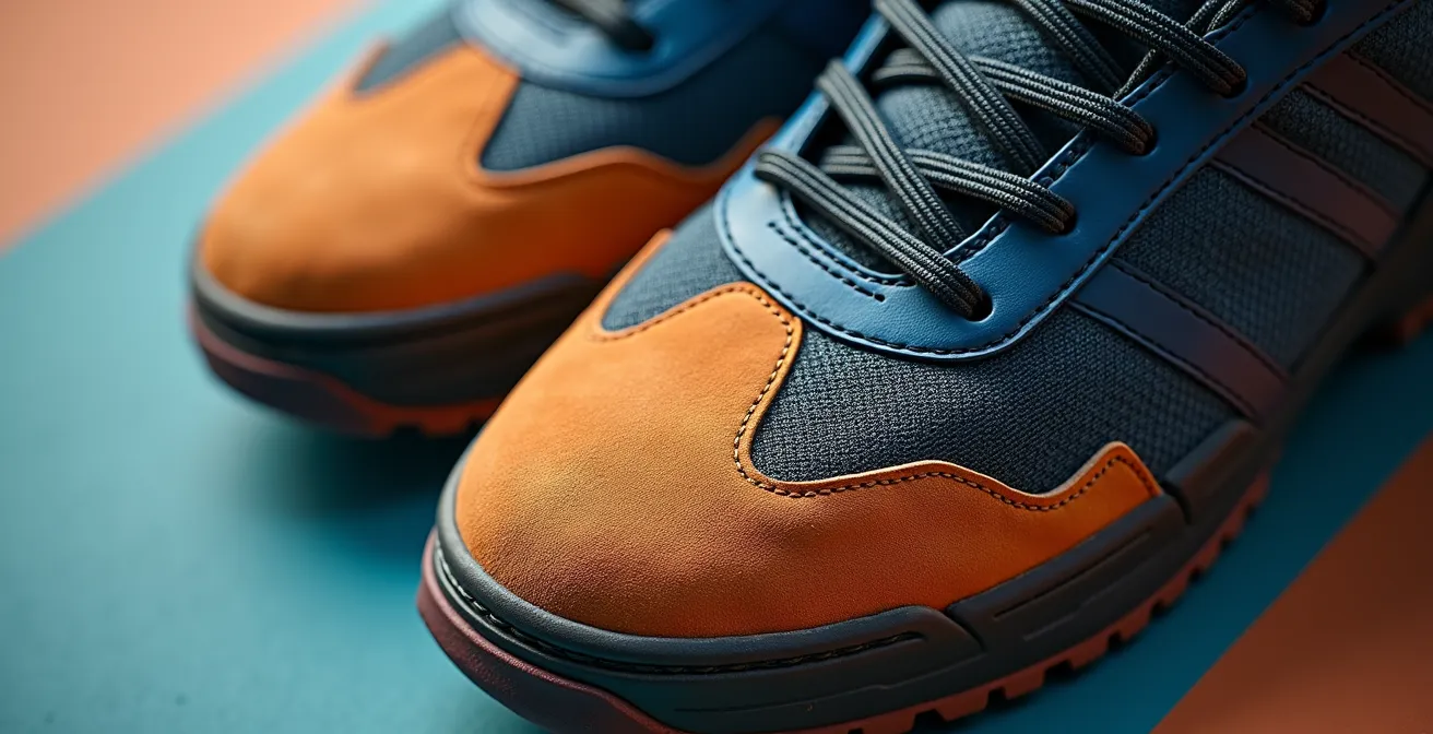 Composition abstraite de semelles et matériaux de chaussures avec textures contrastées