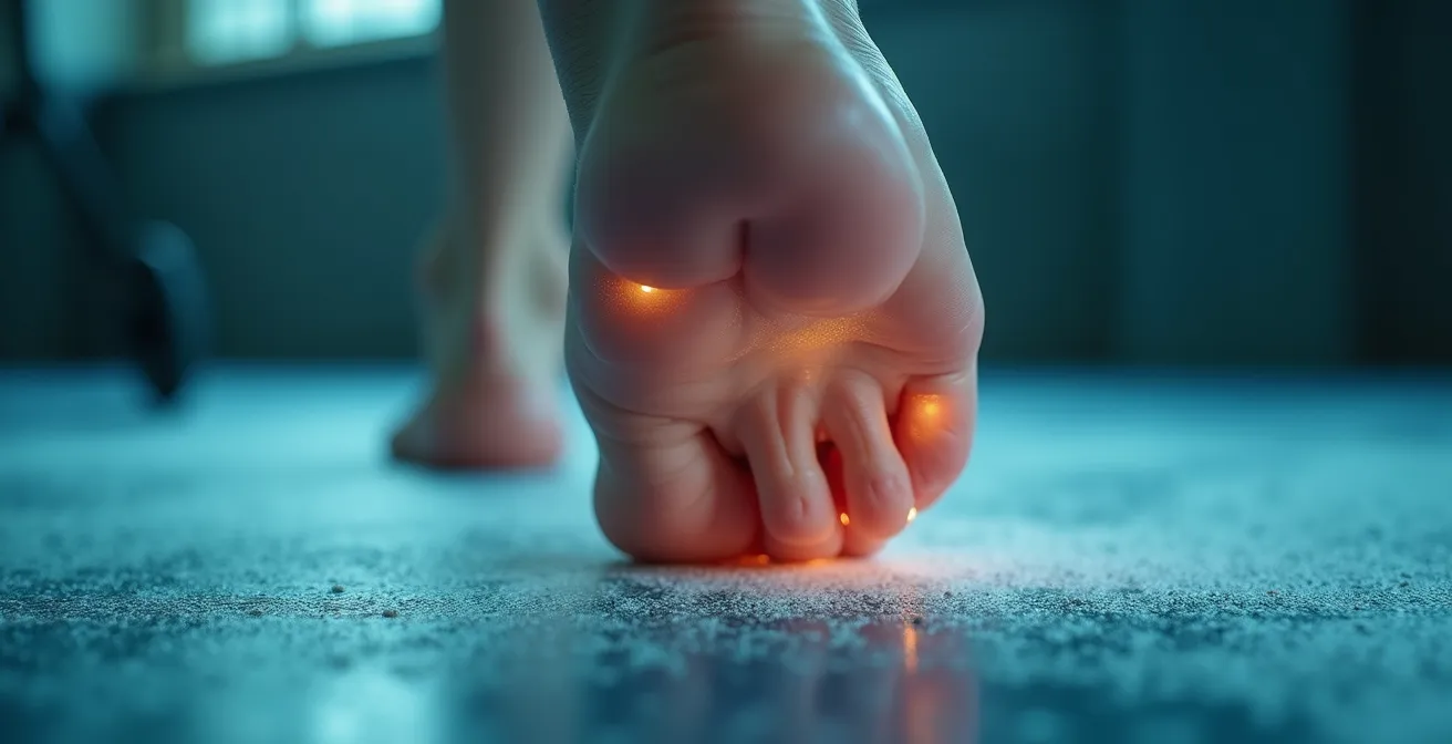 Gros plan sur les pieds nus montrant la connexion avec le sol et les mécano-récepteurs