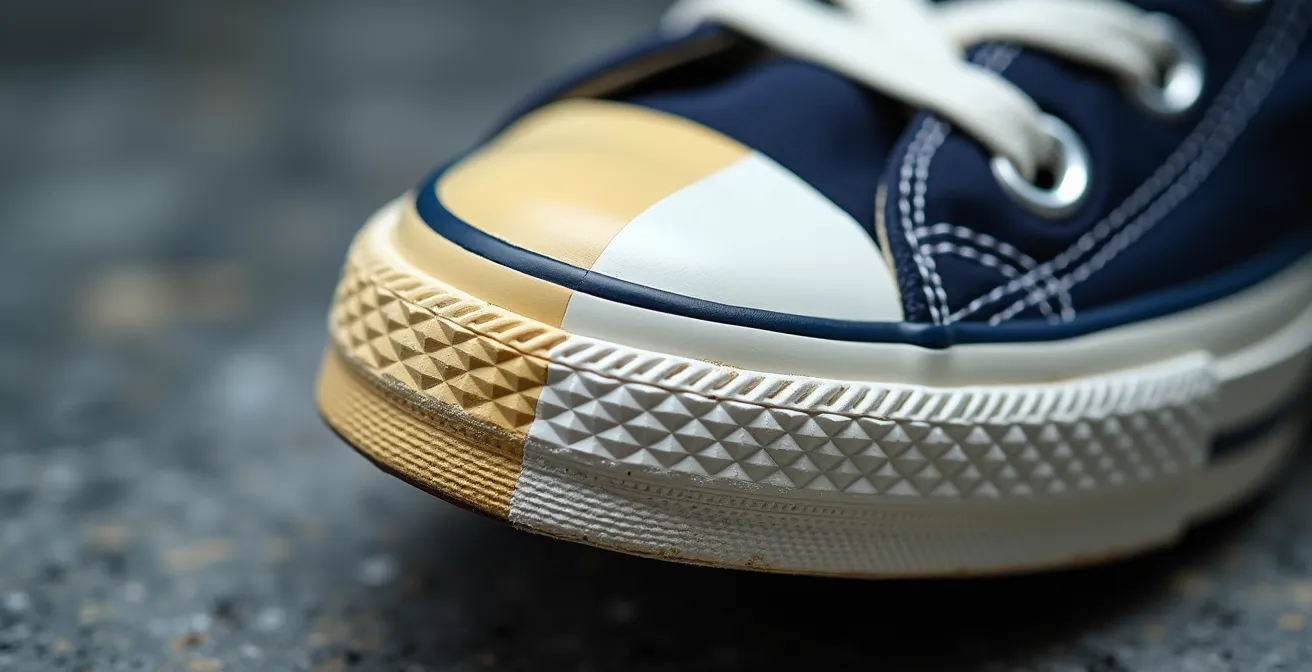 Technique de nettoyage du caoutchouc blanc d'une Converse avec une brosse et une pâte blanche.