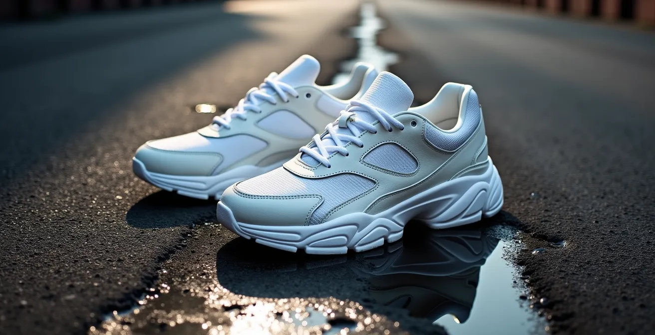 Des semelles de dad shoes d'un blanc éclatant posées sur un sol urbain sombre et contrasté, symbolisant la propreté.