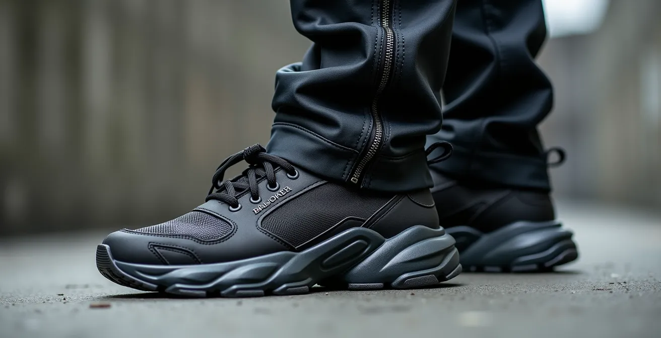 Association stylistique entre pantalon cargo technique et baskets futuristes en contexte urbain