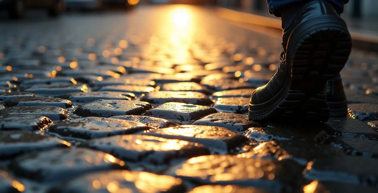 Gros plan sur une semelle de chaussure sur pavés mouillés avec reflets dorés